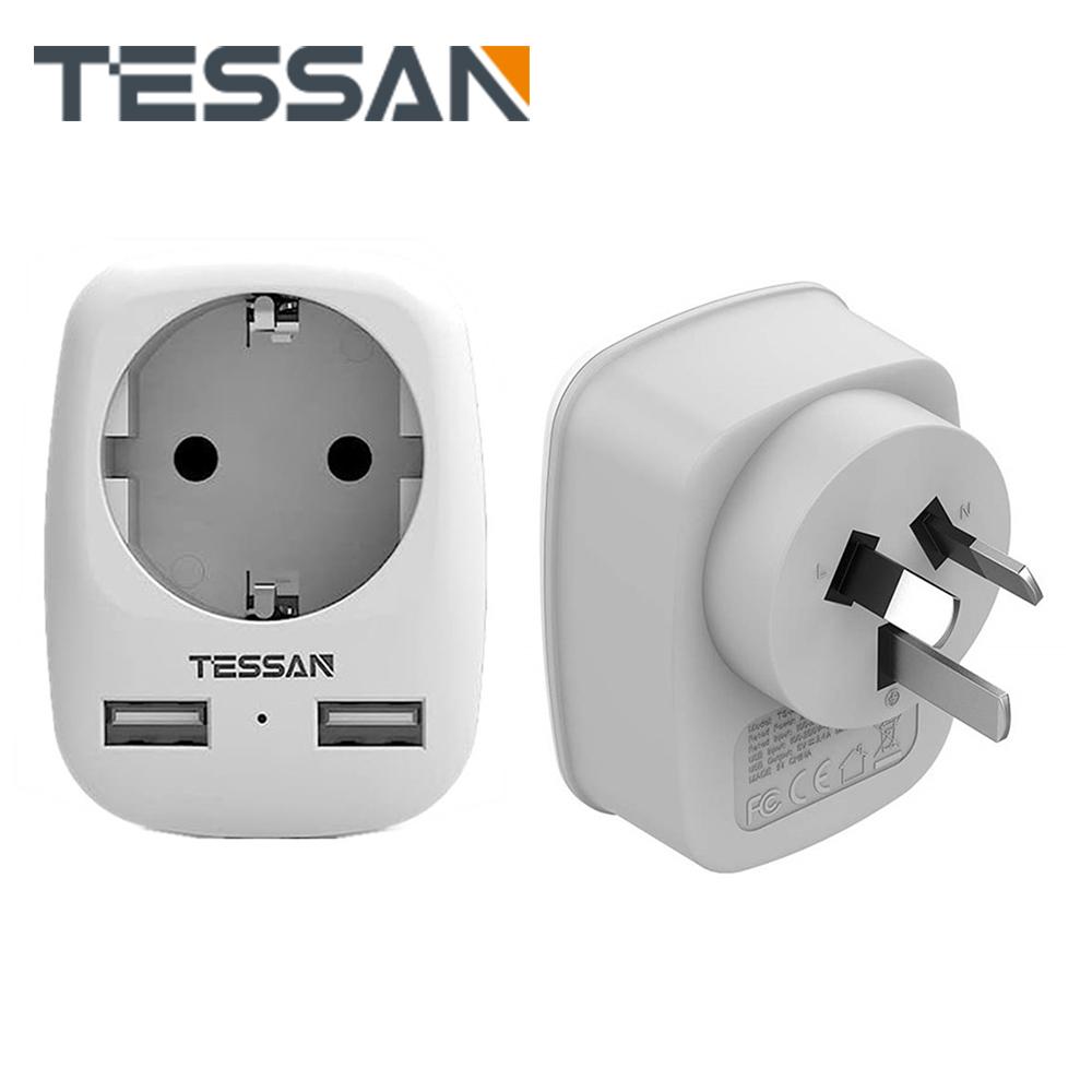 Tessan Адаптер 3-в-1 для Австралии, Китай, Германия, вилка с 2 USB-разъемами, серый цвет