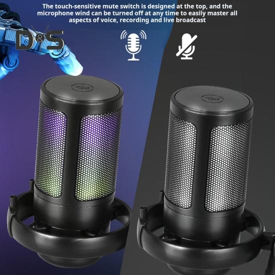 Gaming Microphone with Tripod Stand Noise Reduction RGB Breathing Light Design Gain Control Plug-Play Universal USB Microphone