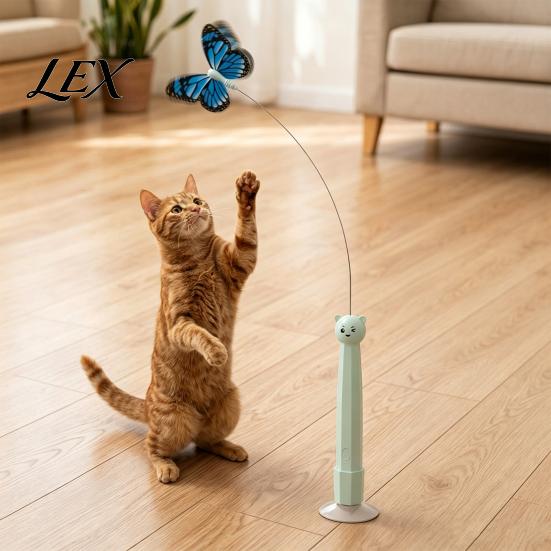 Quiet Motor Cat Play Device Electric Butterfly Wand, Rechargeable Interactive Wand Toy, 360 Spinning Self-Play Toy with 2 Modes, Suction Cup