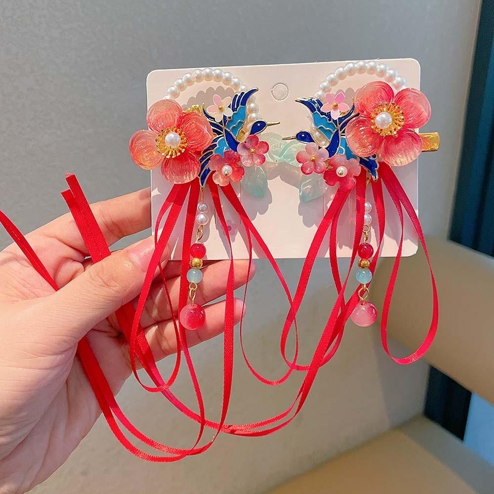 1 Pair Floral Tassel Pearl Bunny Hair Clips Vibrant Color Fairy Hairpins Hanfu Hair Clips Festival