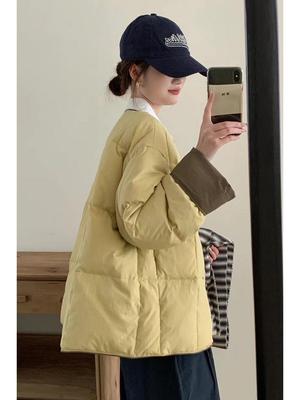 Женская куртка пуховик в корейском стиле, свободного кроя, с круглым вырезом, с цветными блоками