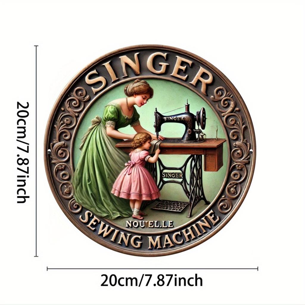 Vintage-7.8 Inch Wood Singer Sewing Machine Sign Plaque - Distinctive Iron Wall Decoration with Retro Aesthetic, Simple and Stylish Toilet Door Hangin