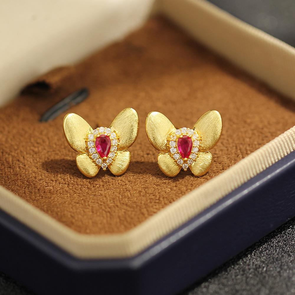 New product design brushed gold butterfly stud red green two-color insect earrings 925 silver needle earrings for women