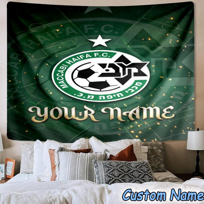 Custom Name Maccabi Haifa Football Crest Hanging Tapestry Background Tapestry for Bedroom Living Room Dorm,Home Party Wall Decoration,Fan Gifts