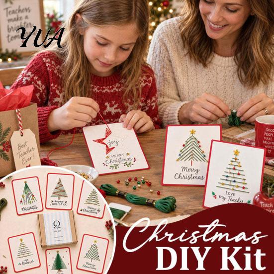 Creative Winter Craft Activities Merry Christmas DIY Card Kit, Embroidery Stitching Greeting String Art Set with Tree Design, Beginner-Friendly