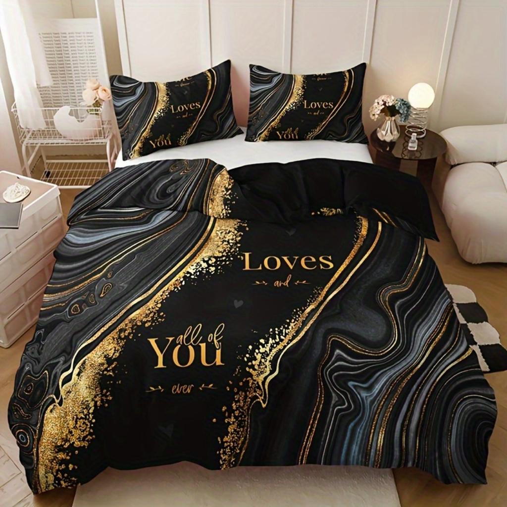 3pcs Black Gold Loves You 3D Printed Bedding Set Comfortable Duvet Cover King Queen Twin Size Birthday Gift Bedroom Decoration
