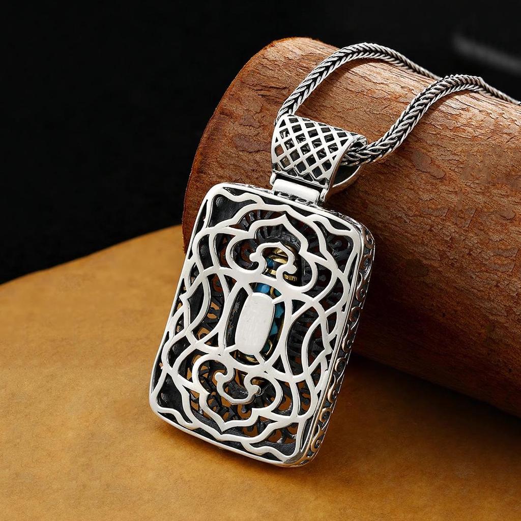 National Tibetan-Style Turquoise Nine-Eye Dzi Necklace with Dripping Glue Taotie Pendant for Men