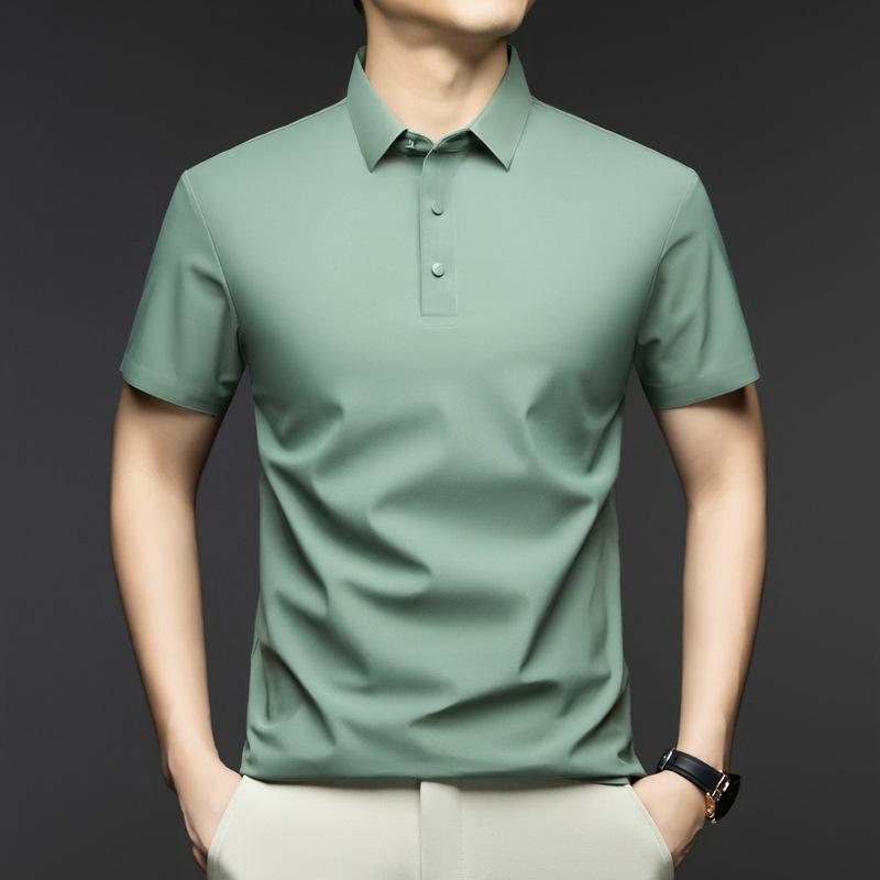 Мужская бесшовная рубашка поло из ледяного шелка - Летняя повседневная модель с коротким рукавом и однотонным дизайном