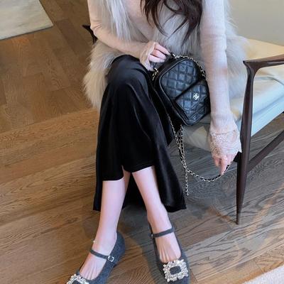 Виноградная мать studiolee дрель пряжка маленькая квадратная головка бархат с теплым шерстяным толстым каблуком одиночные туфли Мэри Джейн женские