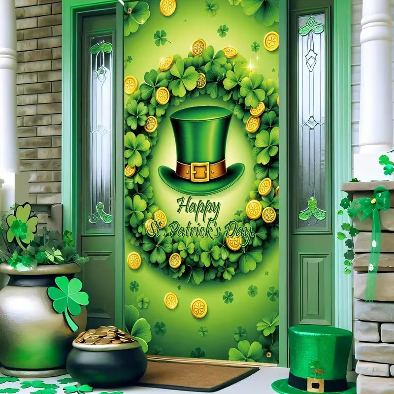 2D Leprechaun Hat Door Banner, St. Patrick's Day Green Clover Background