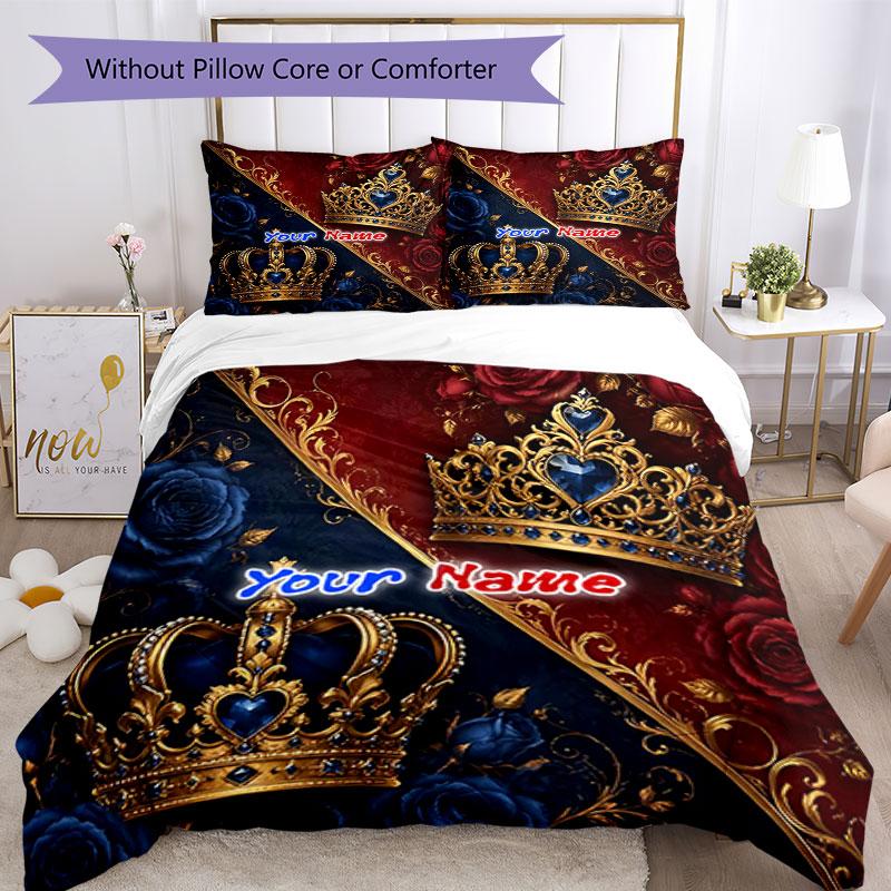 3PC Custom Name Royal Crowns Roses Bedding Set Printed Bedding Set Duvet Cover Closure Includes 1 Duvet Cover & 2 Pillowcases for All Seasons Bedroom