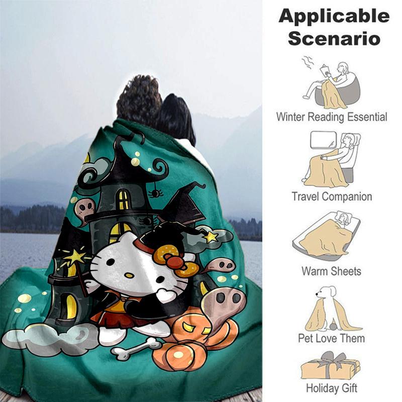 1pc Cartoon Hello Kitty Halloween Adventure Blanket Room Decor, Soft Bedding Cover, Living Room, Travel, Camping, Car Blankets, Beach, Office Naps, Pe