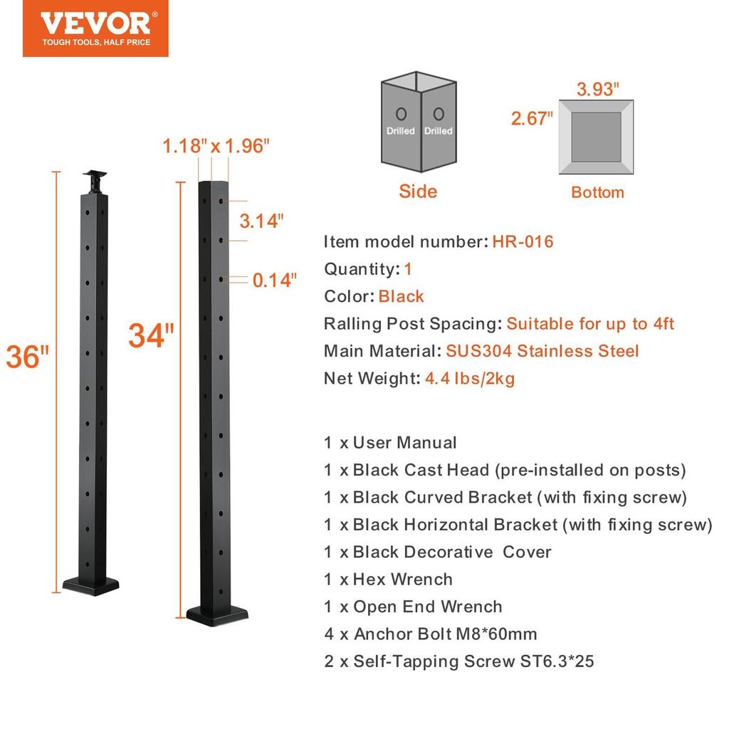 Cable Railing Post 36x1x2in L-Shaped Hole Corner Railing Post Black 1Pc