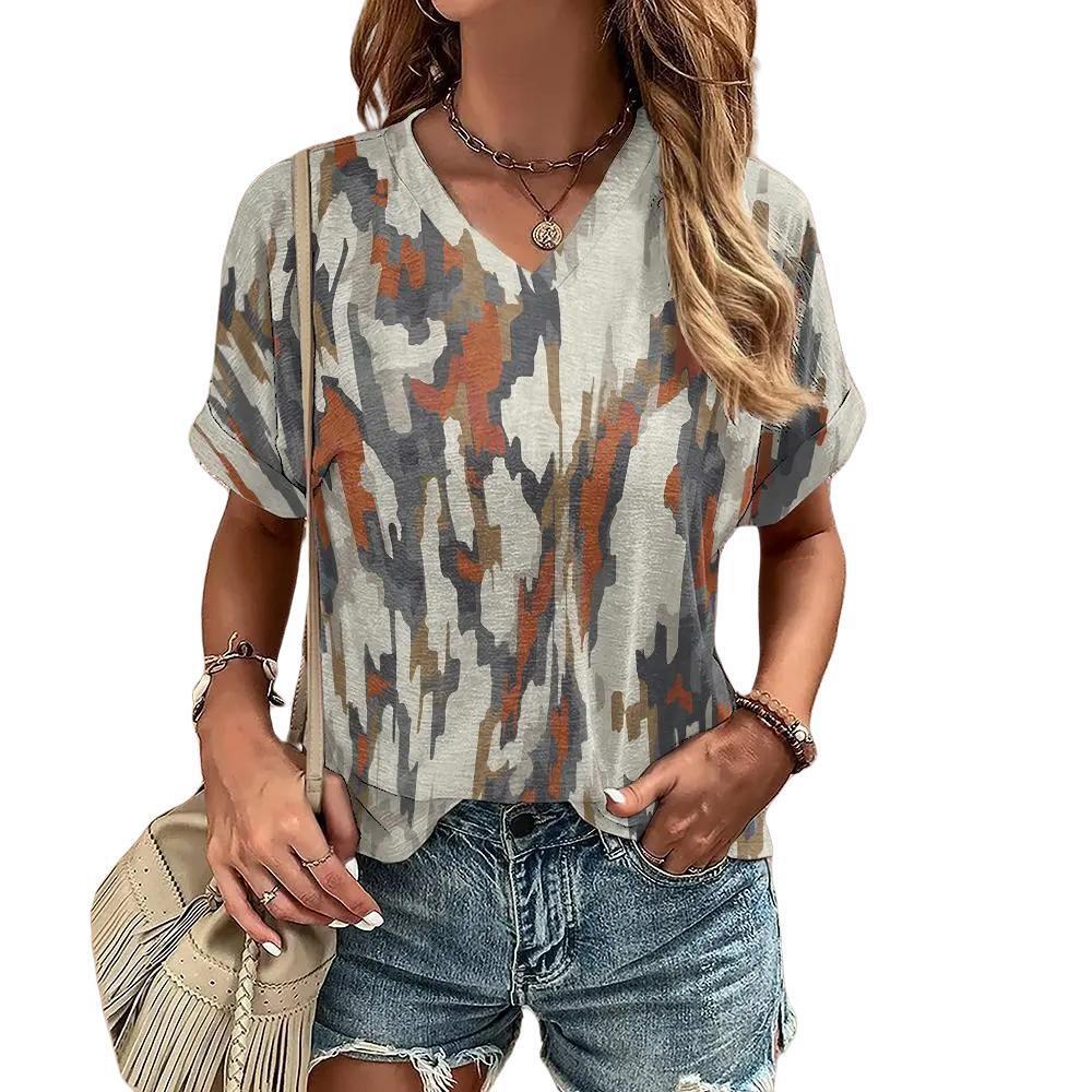 S-8XL Летняя футболка размера плюс для женщин с V-образным вырезом Повседневная мода Граффити Футболки Harajuku Одежда Свободные топы с коротким рукавом Пуловер