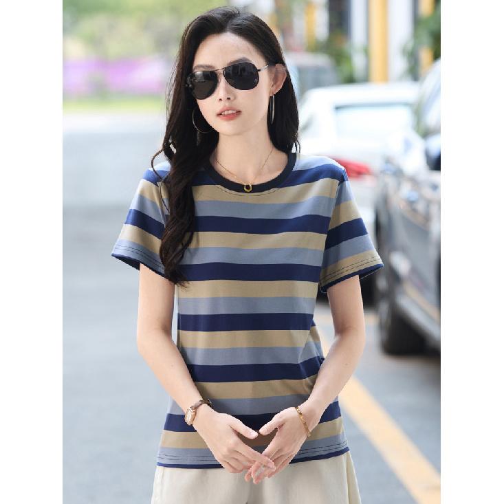 Женская летняя синяя полосатая повседневная хлопковая футболка с круглым вырезом и коротким рукавом, простые модные топы большого размера с анимированным цифровым принтом