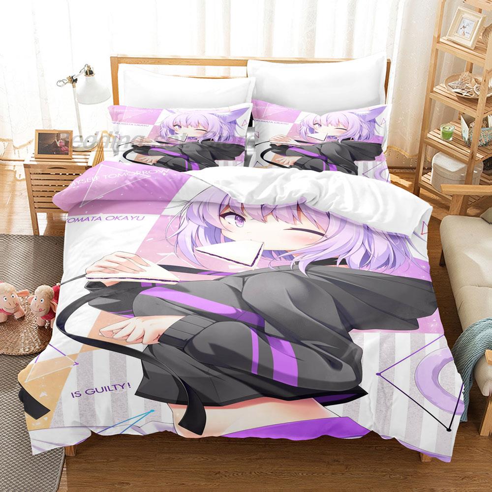 Hololive Neko Mata Okayu Комплект постельного белья Односпальный Полуторный Двуспальный Queen King Размер Комплект постельного белья Для взрослых Детей Спальня Комплекты пододеяльников 3D Аниме