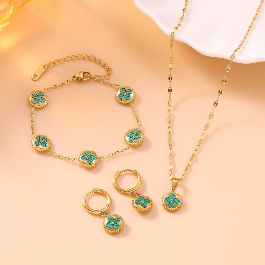 3 in 1 Titanium Steel Clover Double Sided Wear Ladies Bracelet Necklace Earrings Set