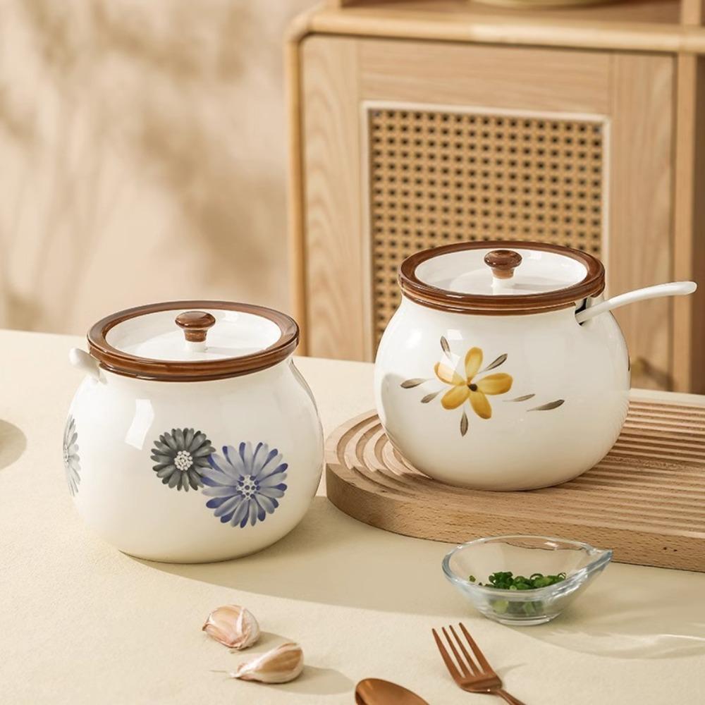 С крышкой и ложкой Керамическая банка для жира Японская горшочка для жира Практичная банка для приправ Сахар