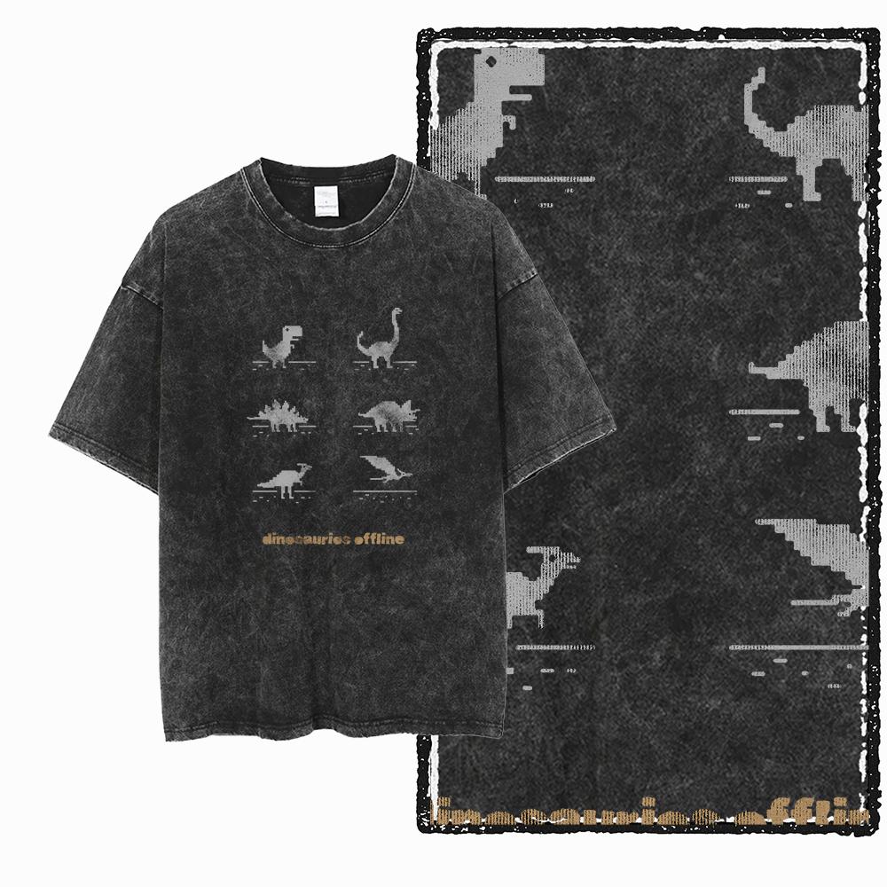 ZH DINO GAME THEME Printed Cotton Acid Washed Exclusive Graphic Unisex T Shirt Cool Streetwear Men Tshirts Big Size Tee for men