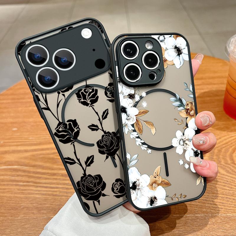 Ретро Цветы Черная Роза Печать Чехол Для iPhone 17 18 Pro Max Магнитный Для Magsafe Тонкий Гибридный Матовый Чехол Для iPhone 16 15 14 13 Pro Max 17E