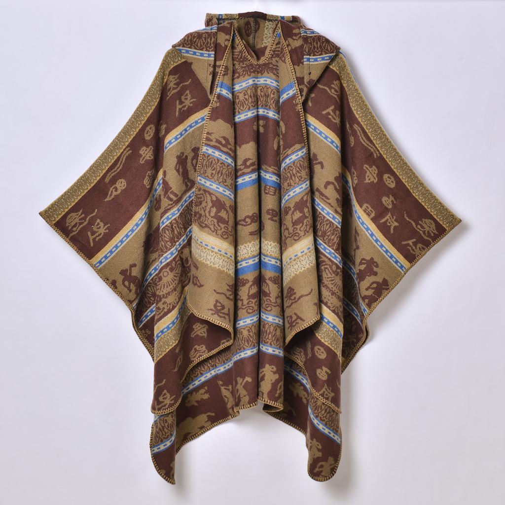 Новый продукт, женская осенне-зимняя теплая накидка с капюшоном в этническом стиле, праздничная накидка, утолщенная жаккардовая шаль