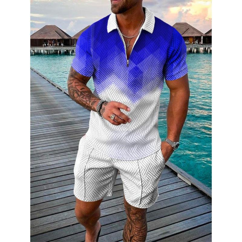 2025 summer men's 3D digital printing short-sleeved polo fashion sports and leisure suit foreign trade men's solid color