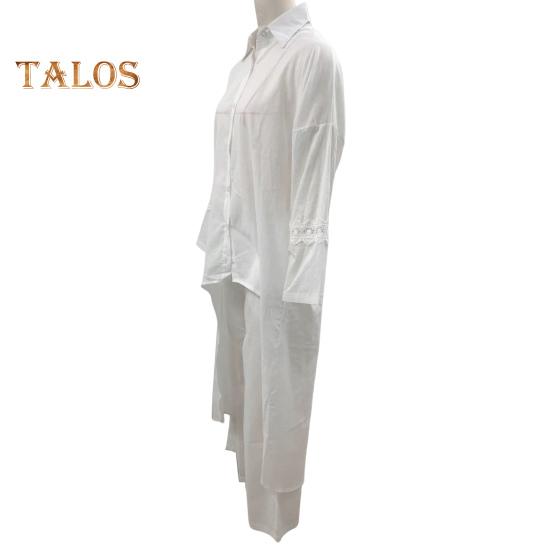 2 Pcs/Set Fall Spring Women Shirt Pants Set Long Sleeves Lapel Lace Cuff Button-down Irregular Hem Blouse Elastic Waist Trousers OL Commuting Sport