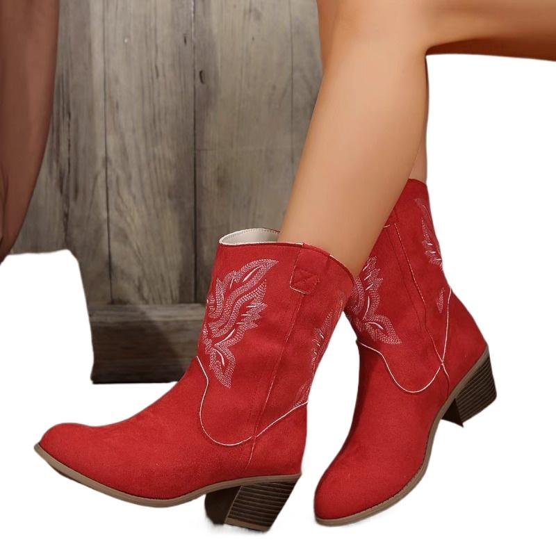 Женская обувь 2024 года, брендовые женские сапоги без застежек, модные вышитые современные сапоги, женские сексуальные сапоги с острым носком, большие размеры, до середины икры