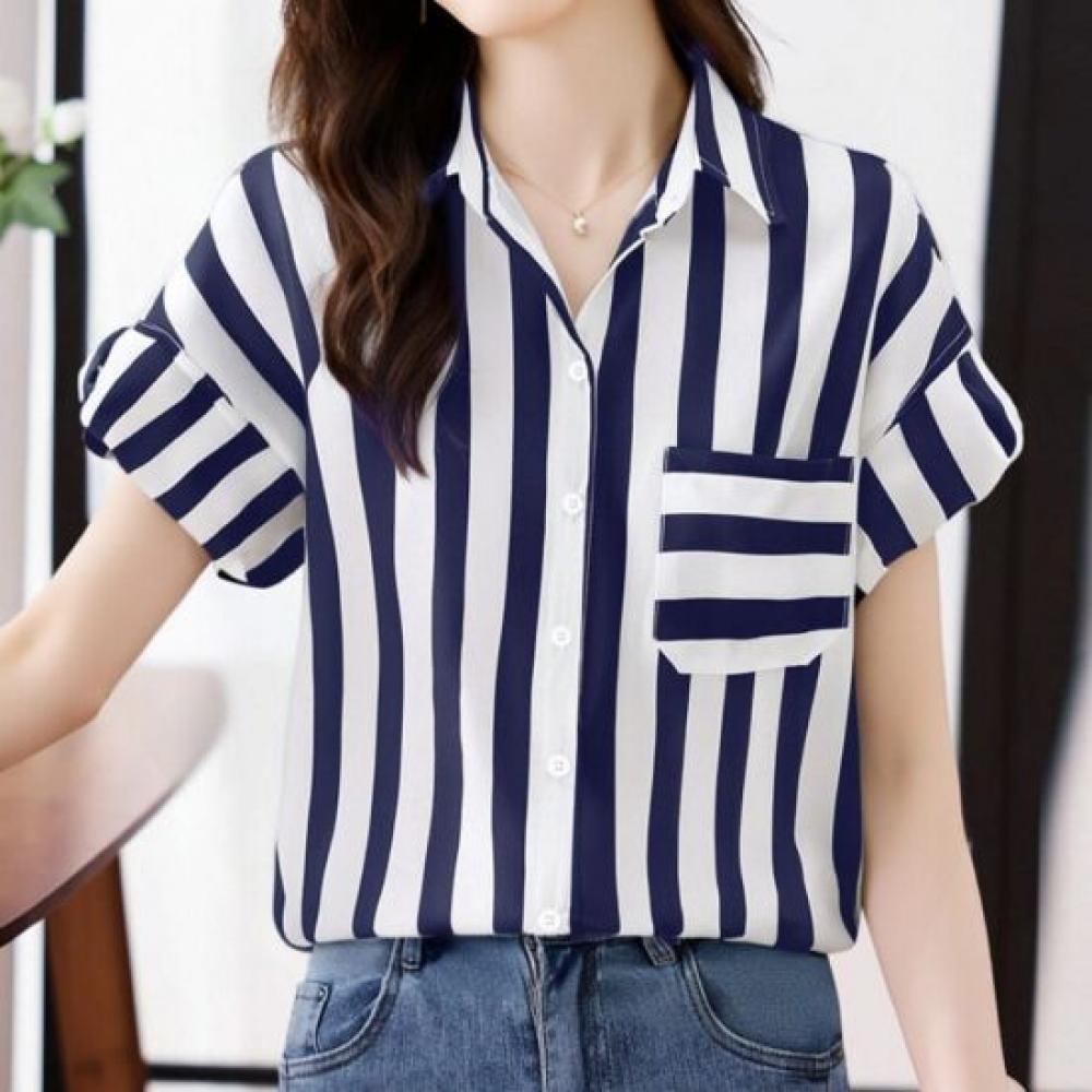 Navava Women Casual Stripe String Short Sleeve Shirt Blouse Nb3165