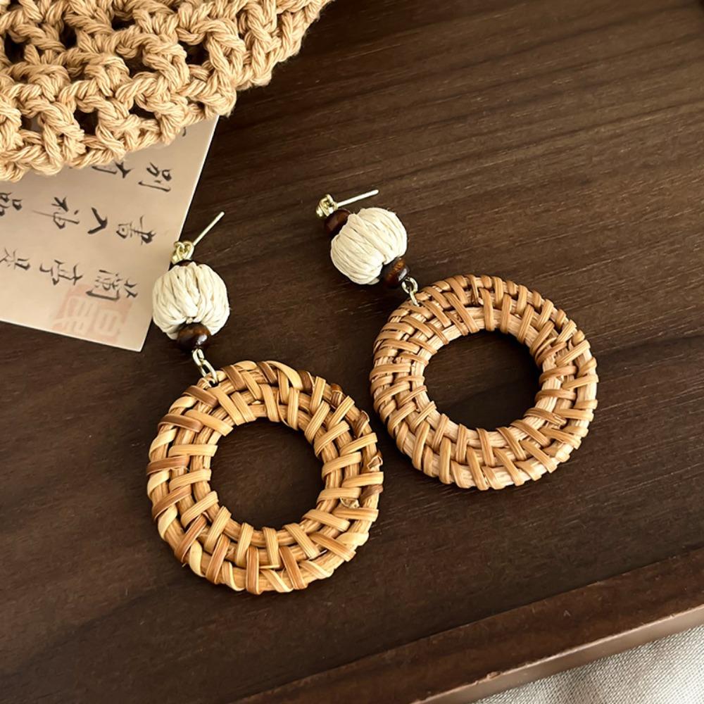 Round Rattan Weave Earrings Flower Beach Jewelry Cute Bohemian Drop Earrings Wedding