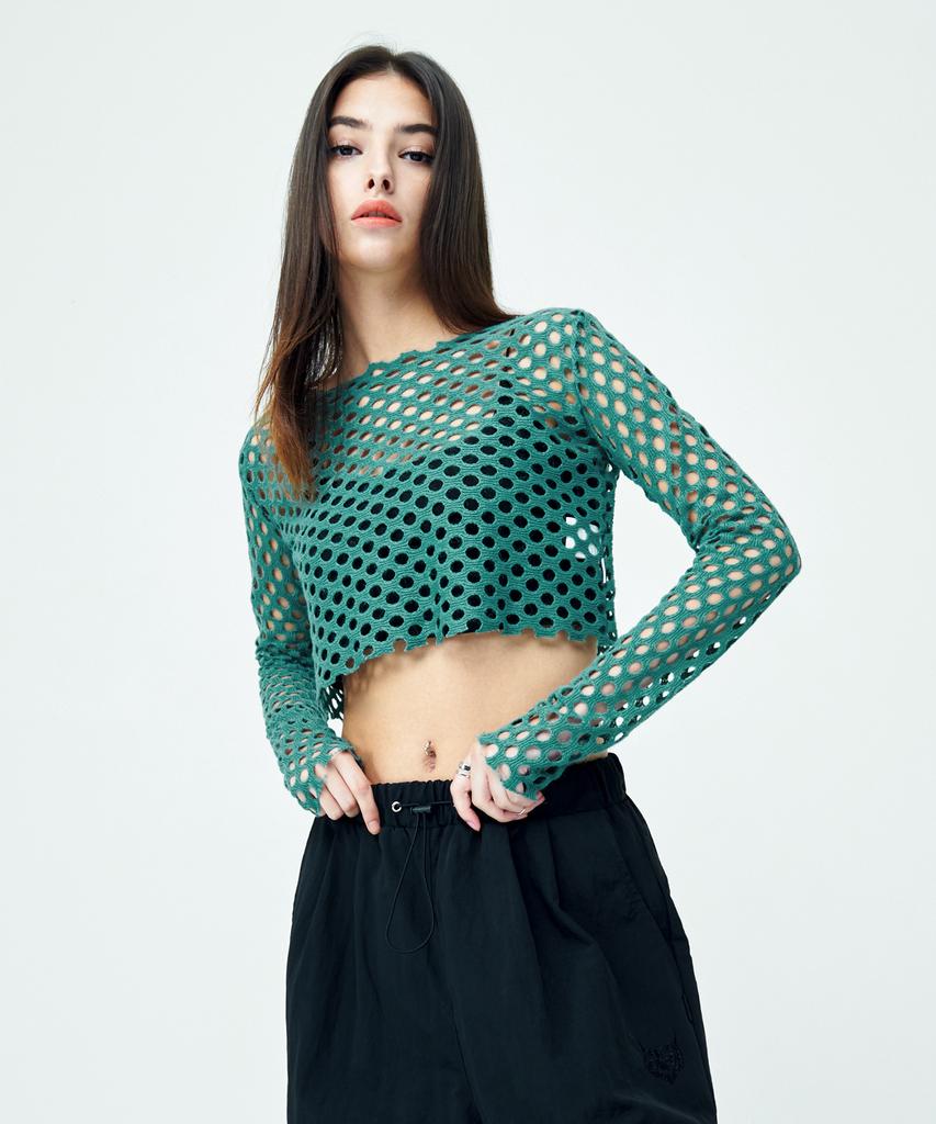 ATTENTIONROW FOR WOMEN Punched Layered Net Knit (Green)