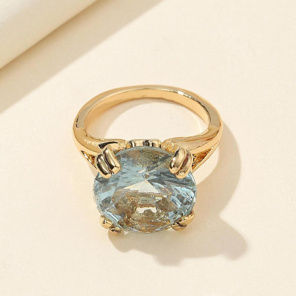 Jianjie Luxury 14K Gold Women's Ring with Sea Blue Diamond - European & American Style