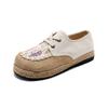 Women's Spring Summer Casual Lace-up Front Buckle Round Toe Shoes Embroidered Flat Low-top Cotton Linen Flats