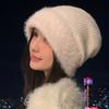 Autumn and winter hats, women's wool knitted hats, big head circumference headgear, rabbit fur, fleece, ear protectors, warm and cold hats.