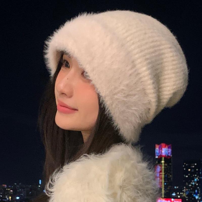 Autumn and winter hats, women's wool knitted hats, big head circumference headgear, rabbit fur, fleece, ear protectors, warm and cold hats.