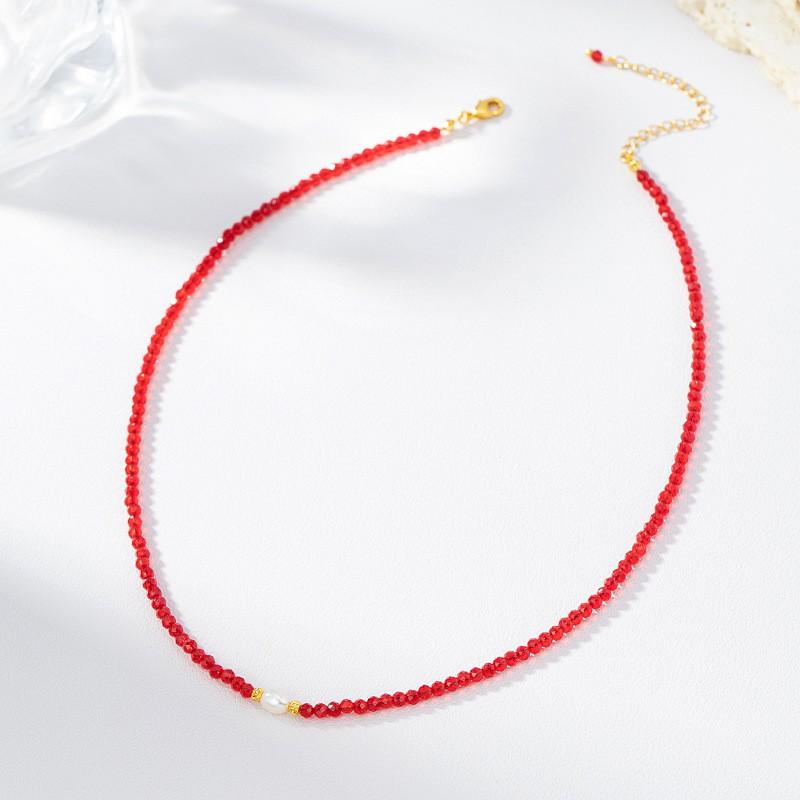 Elegant Red Crystal Freshwater Pearl Choker Necklace Women Minimalist Office Chic Layering Jewelry 5-6mm 41-50cm