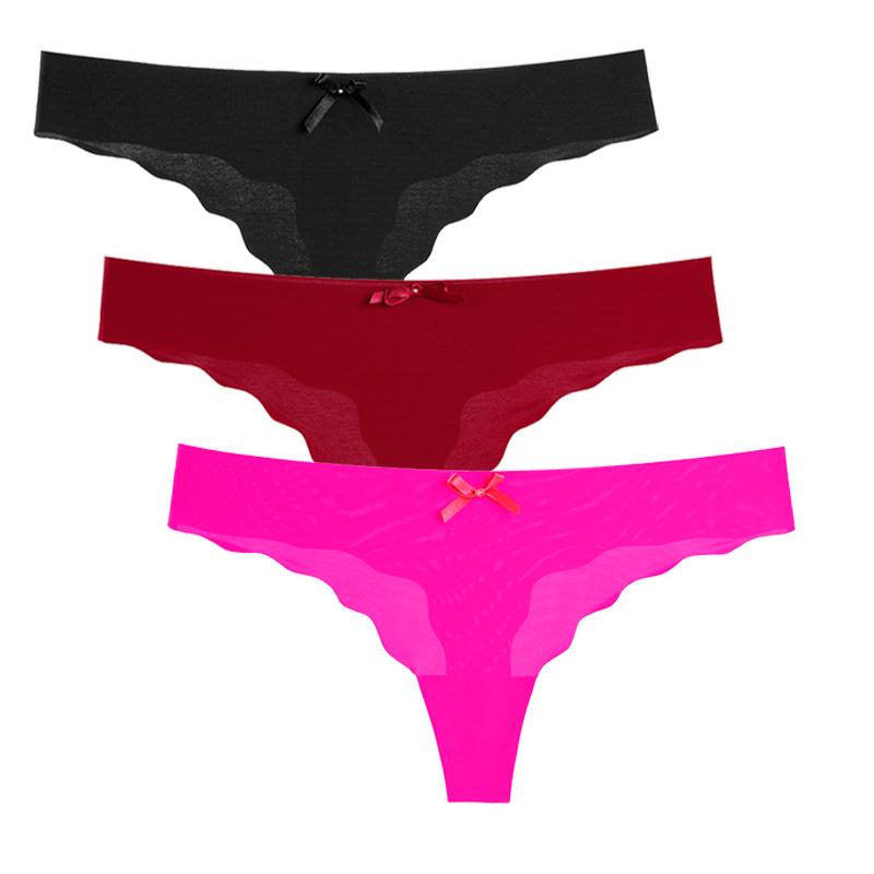 3Pcs/Set Sexy Thongs Women's Ice Silk Panties Underwear Seamless Solid G-String Thongs Low Waist Female Lingerie T-back