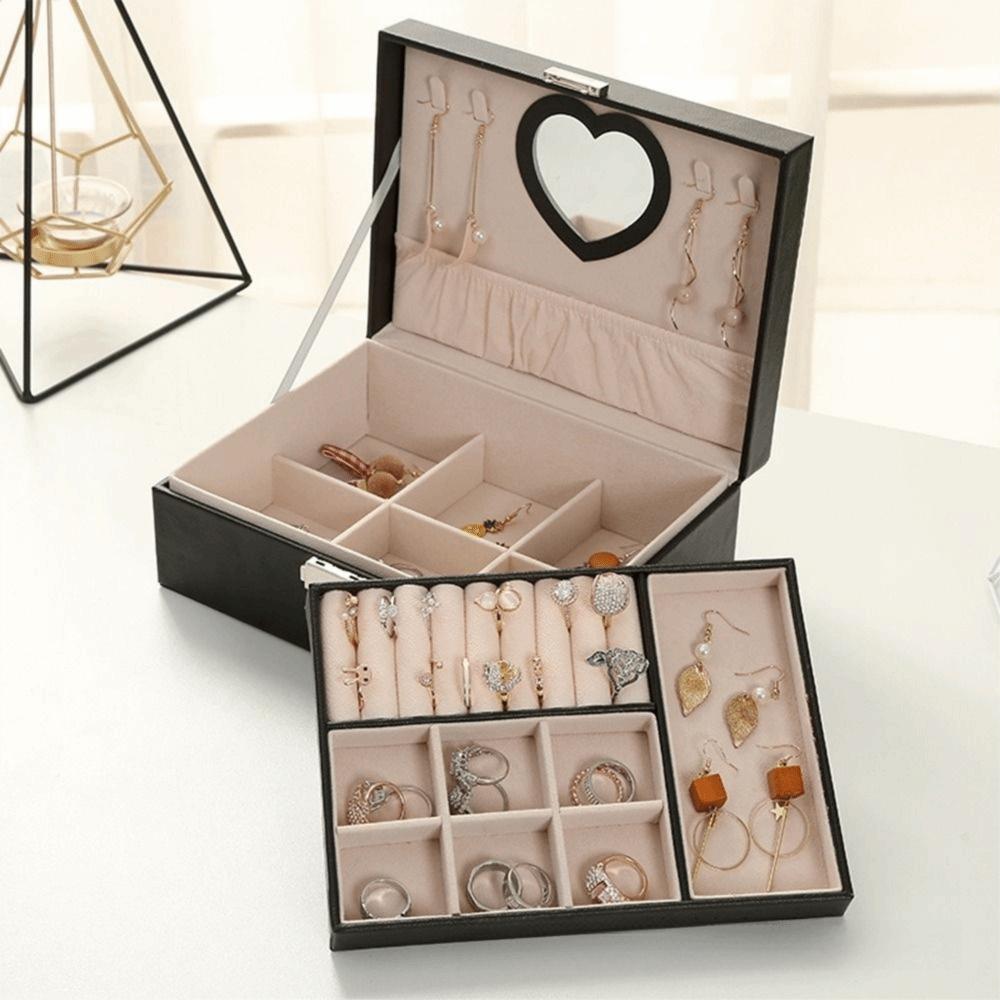 Large Capacity Double Layer Jewelry Box PU Jewelry Display Case Practical Cosmetics Box Rings