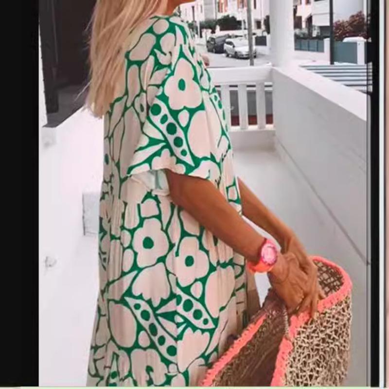 Summer New Women's Printed Short Sleeve V-neck Long Dress