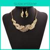 Fashion Rhinestone Decoration Feather Design Women Gold Necklace And Earring Set For Casual And Travel Scenes