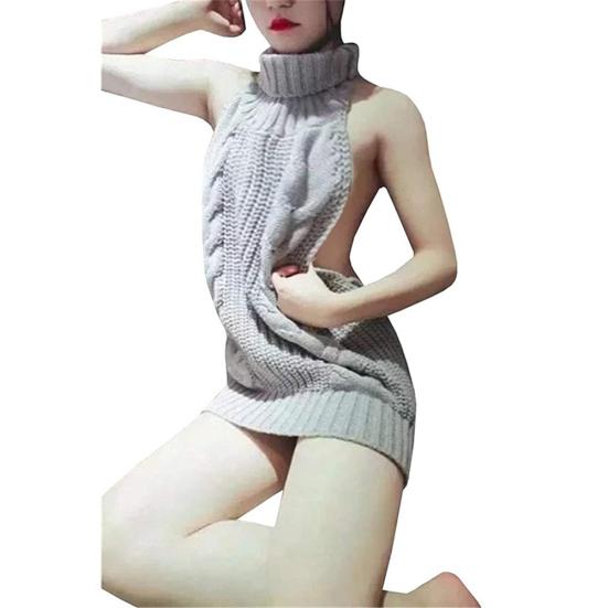 Women Sexy Backless Sleeveless Turtleneck Pullover Knit Sweater Cosplay Dress