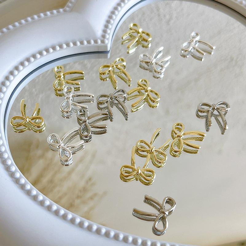 10Pcs Bow Deco Nail Art Charm 3D Silver/Gold Bowknot Ribbon Nail Decor Parts Diy Luxury Manicure Accessories