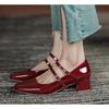 Spring Autumn Women Double Buckle Mary Janes Shoes Patent Leather Dress Square Head Square Heel Solid Color Women's Pumps