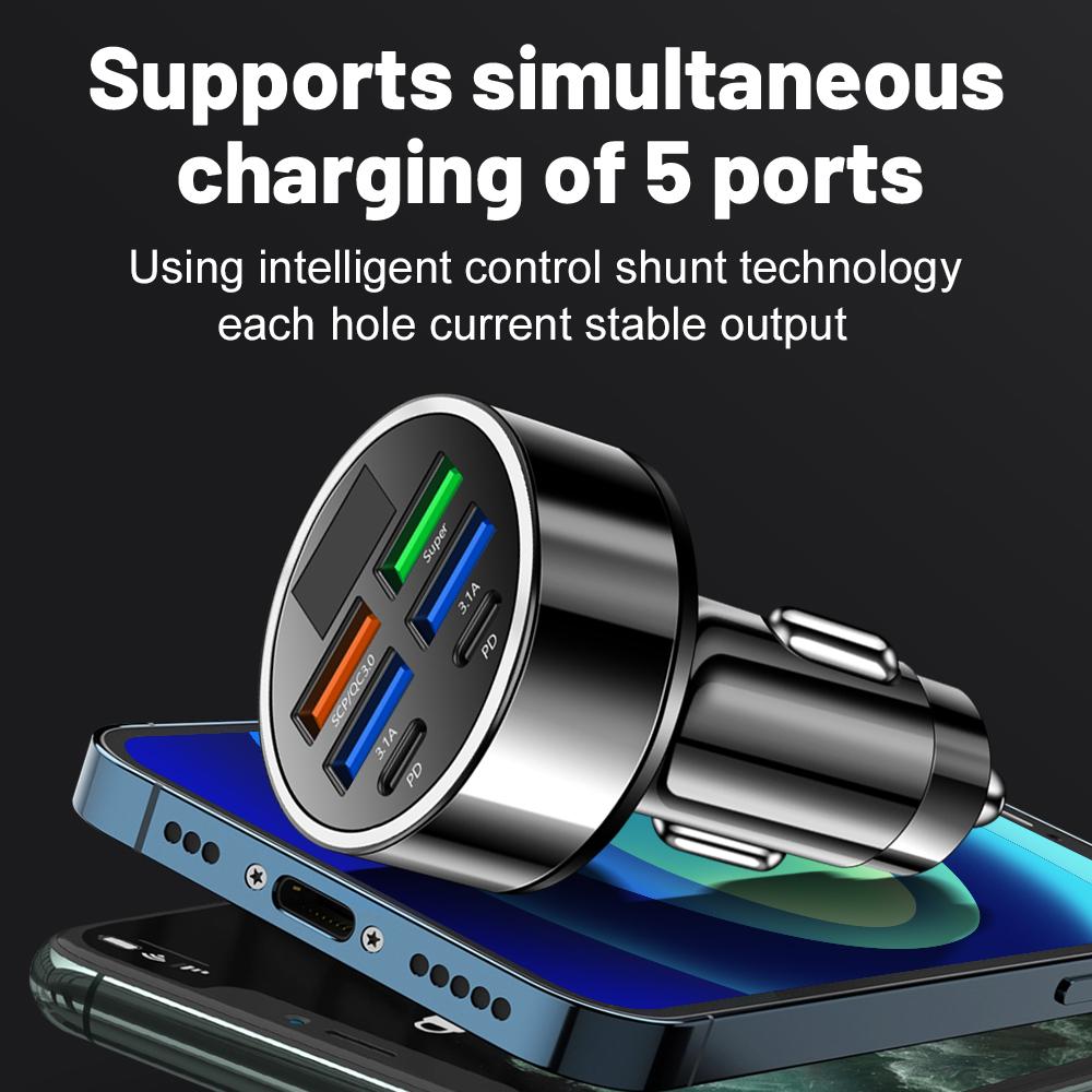 100W 6 Ports Car Charger PD Fast Charging QC3.0 USB C Car Phone Charger Type C Adapter in Car For iPhone Samsung Huawei Xiaomi