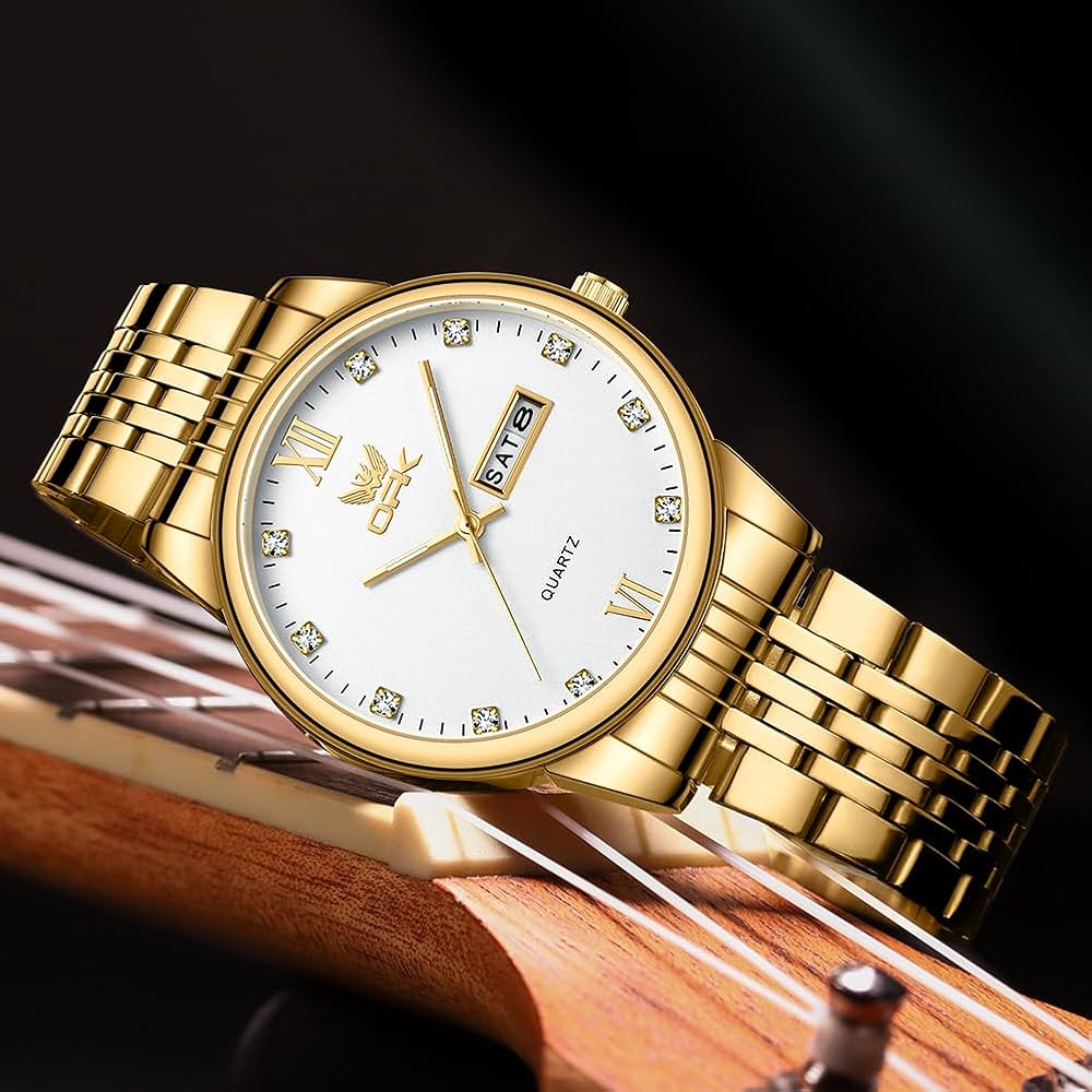 Men's Quartz Business Watch with Calendar, Day-Date, 40mm Round Face, Stainless Steel, Japanese Movement, Water Resistant Gold