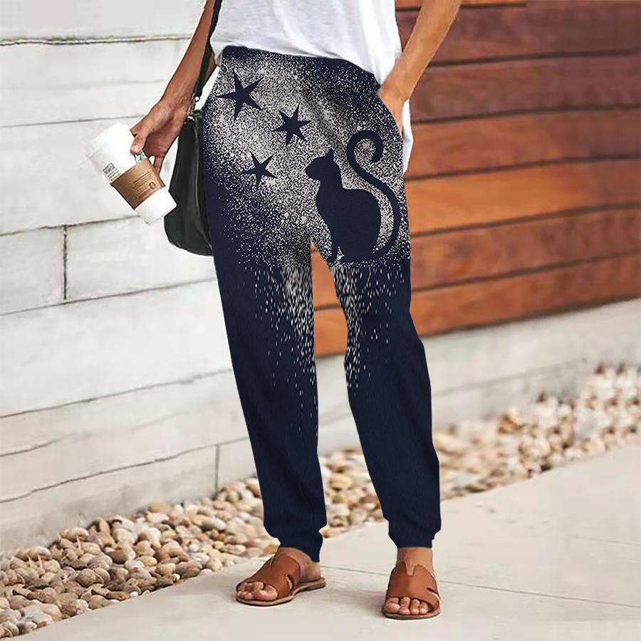 Женские брюки с принтом кошки, на шнуровке, с эластичной талией, свободные, повседневные длинные брюки, брюки с карманами