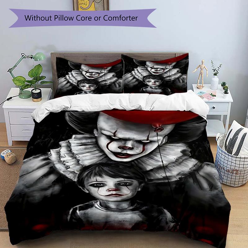 3pcs Creepy Clown Bedding Set, 1 Soft Quilt Cover + 2 Pillowcases, Machine Washable, Suitable for All Seasons