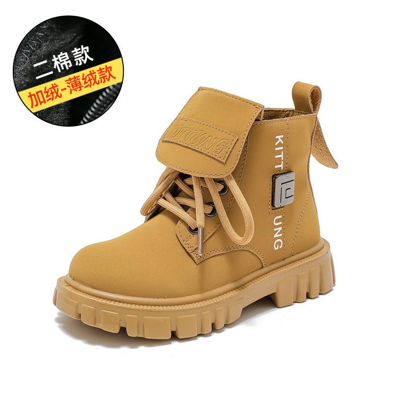 Осенне-зимние новые желтые ботинки для мальчиков. Модные универсальные детские короткие ботинки с мягкой подошвой. Теплые хлопковые ботинки.