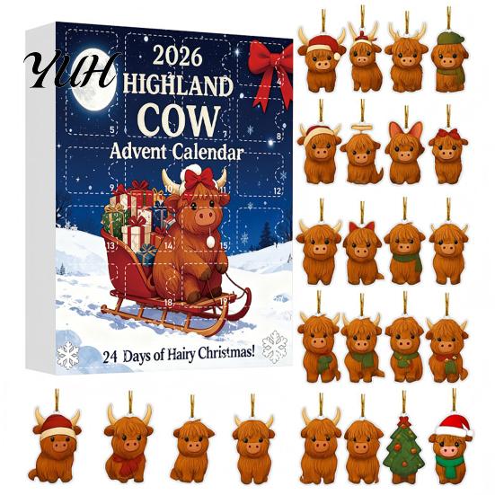 Highland Cow Advent Calendar Christmas with 24 Acrylic Ornaments, Festive Countdown Holiday Ornaments Box for Tree Hanging Decor And Seasonal