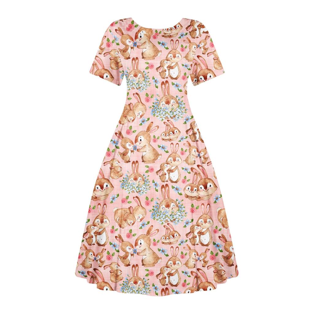 Женское повседневное модное платье с пасхальным принтом, круглое платье с коротким рукавом и талией, средней длины (с молнией)